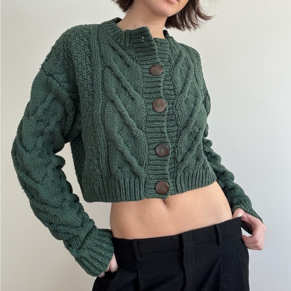 Free People Sweaters - Free People Bonfire Cardigan Sweater Green Cable Knit Chunky Cozy